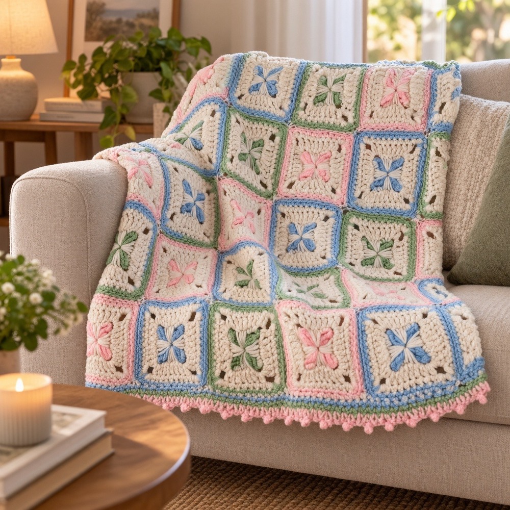 Vintage Handmade Crochet Granny Square Pastel Baby Blanket 45x40 Pink Blue Green